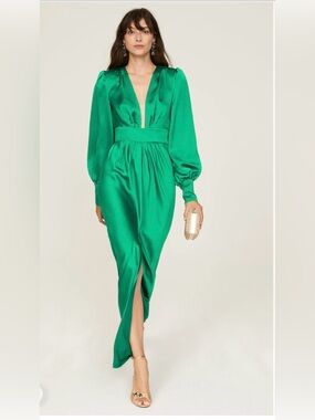 Ramy Brook Madeline Plunge Neck Long Sleeve Gown — Emerald Green | Size 2